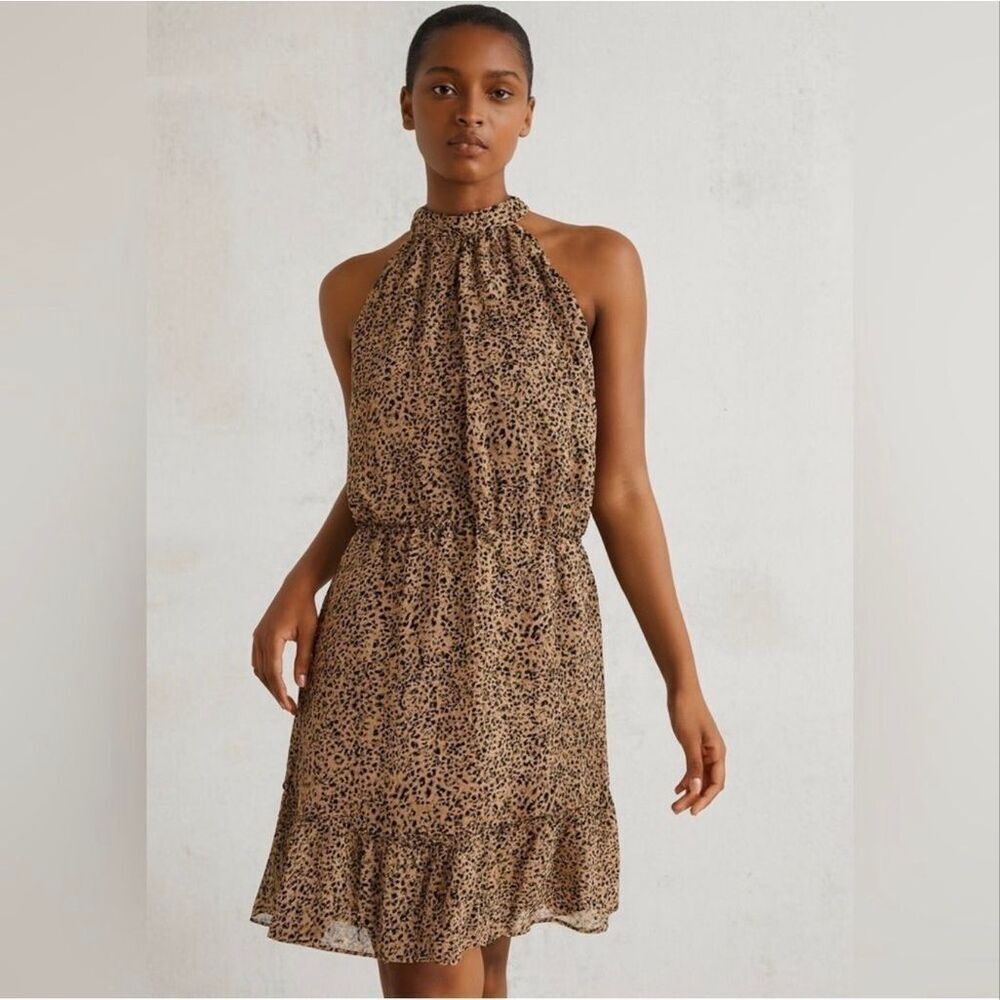 BTFBM Women’s Halter Style Leopard Print Dress Size Large NWT Tan Black